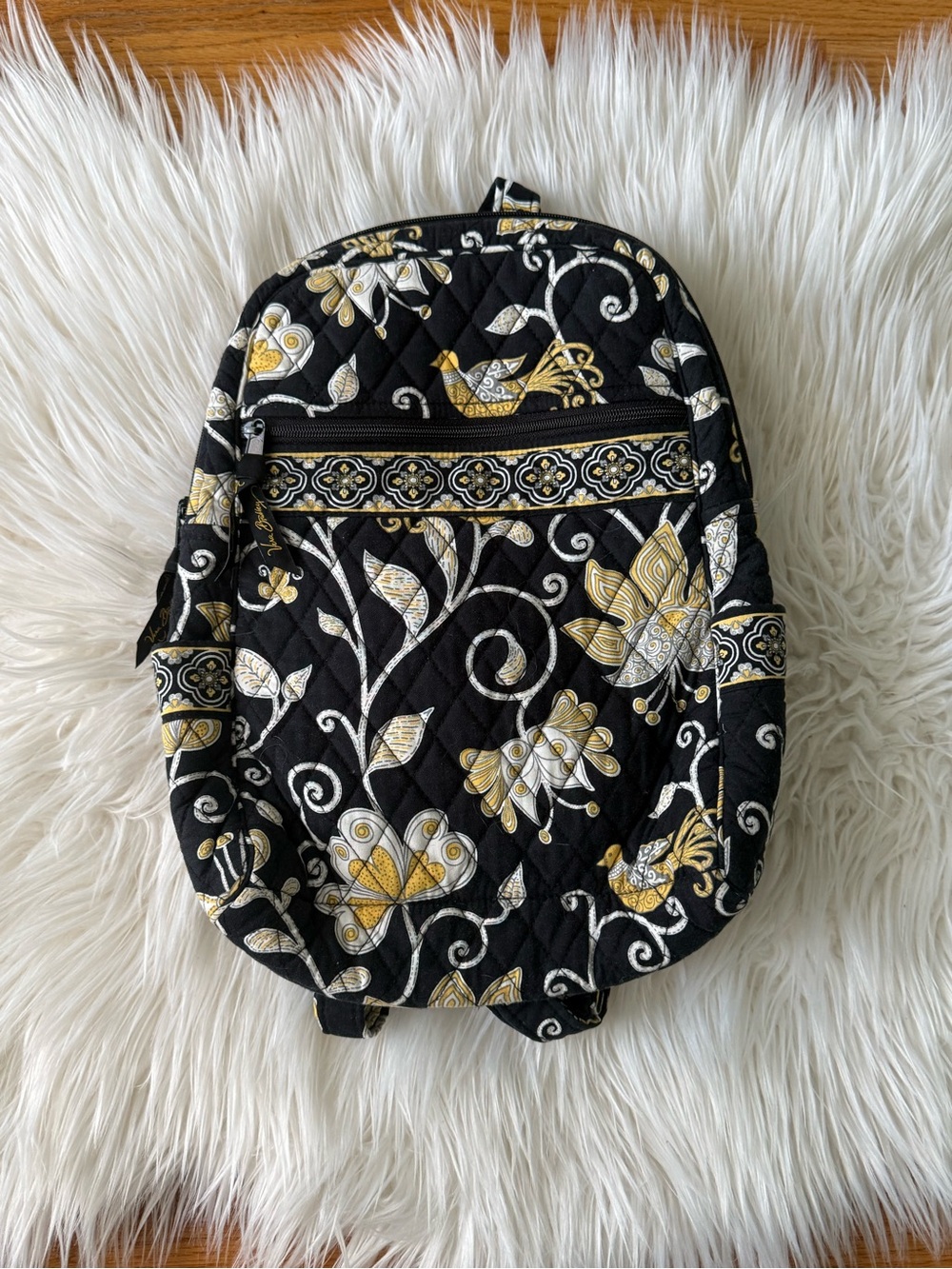 Vera Bradley Black Quilted Backpack with Gold and White Floral Print